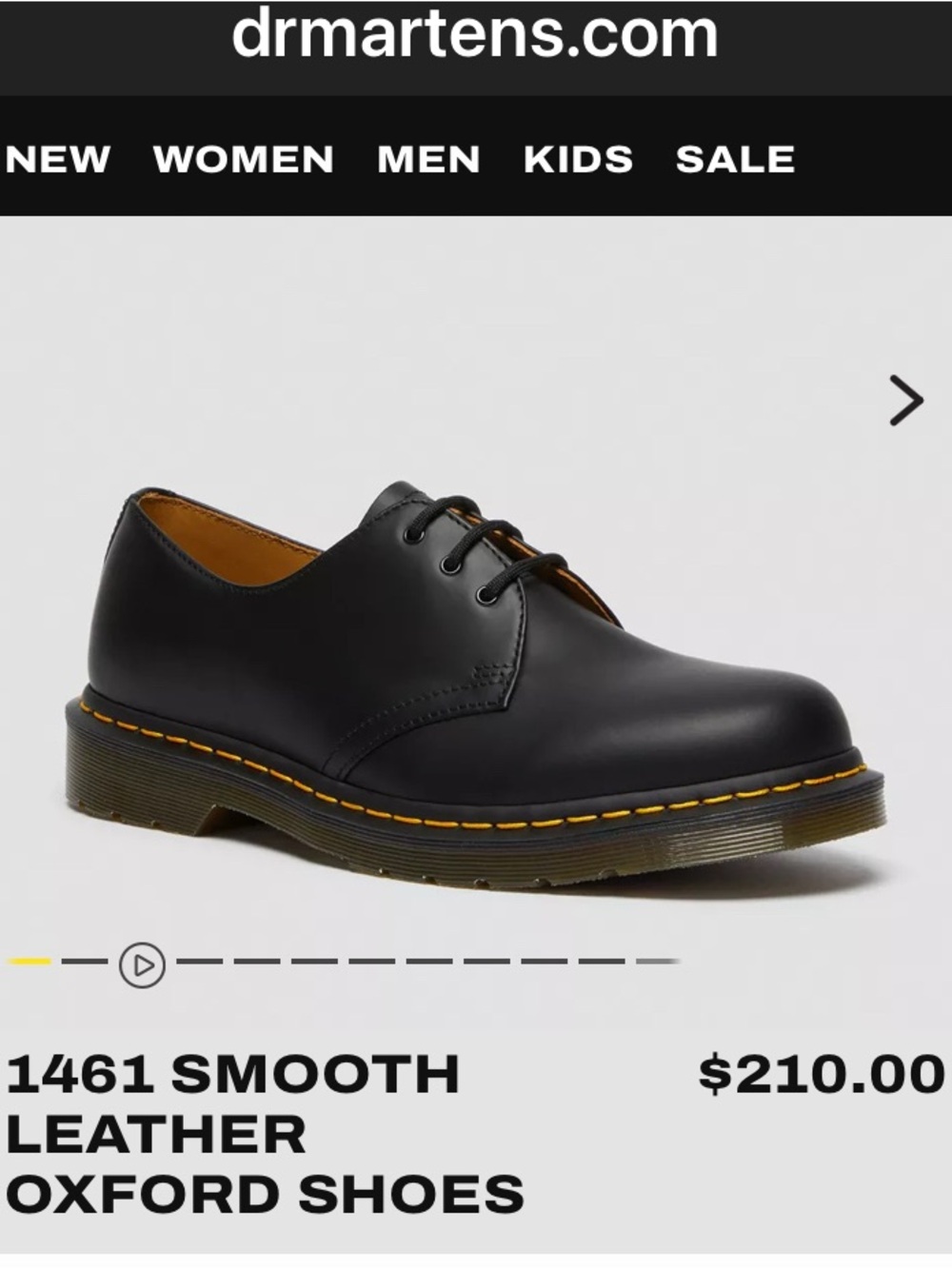 Dr. Martens Black Smooth Leather 3-Eye Oxford with Yellow Stitching